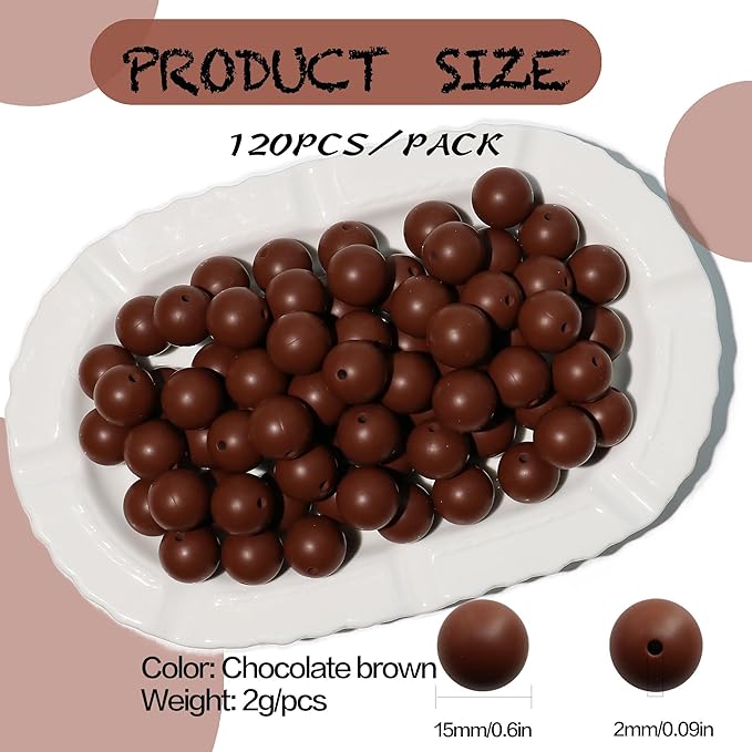 120pcs Richbunnys 15mm Bulk Silicone Beads for Pens and Keychain Making,Large Bead for Necklace and Bracelets Making,Assorted Rubber Beads Set for Crafts(Brown)