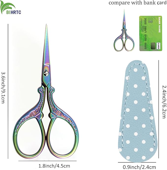 BIHRTC Small Craft 3.6inch Rainbow Scissor with Leather Cover Stainless Steel Sharp Tip Shears Scissors for Cross Stitch Sewing Crafting Art Work Threading Needlework Knitting