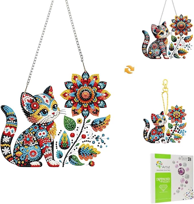 Masendp Hanging Diamond Art Decoration Kit 5D Diamond Painting Kit, DIY Flower and Cat Themed Diamond Art Kit Suitable for Beginners and Adults, Home Wall and Garden Decoration