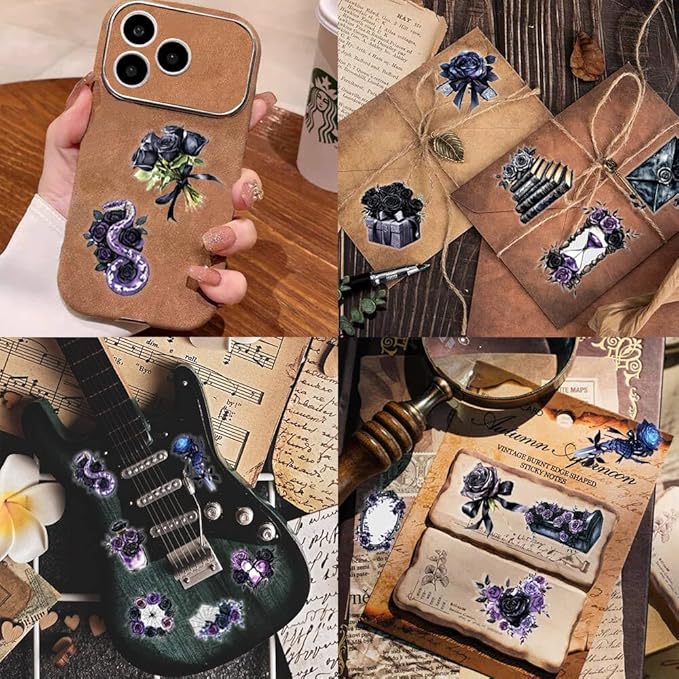50Pcs Waterproof Vintage Stickers,Scrapbooking Supplies Kit,Aesthetic Decorative Craft Sticker for Planner, Bullet Journaling, Junk Journal, Water Bottles, Laptop, Retro Craft.Black Rose