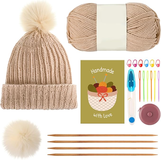 GliCraft Knitting Kits for Beginners Adults Hat Knit Kit with Yarn, Knitting Needles, Faux Pom, Scissors, Measuring Tape Practical and Easy to Use Complete Beginners for Women Men Present (Beige)