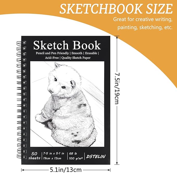 DSTELIN 2 Pack 7.5 x 5.1 Inch Spiral Bound Sketch Pad, Black Cover, 50 Sheets,100gsm, Hardcover, Suitable for Sketching and Drawing, Ideal for Daily Art Creation