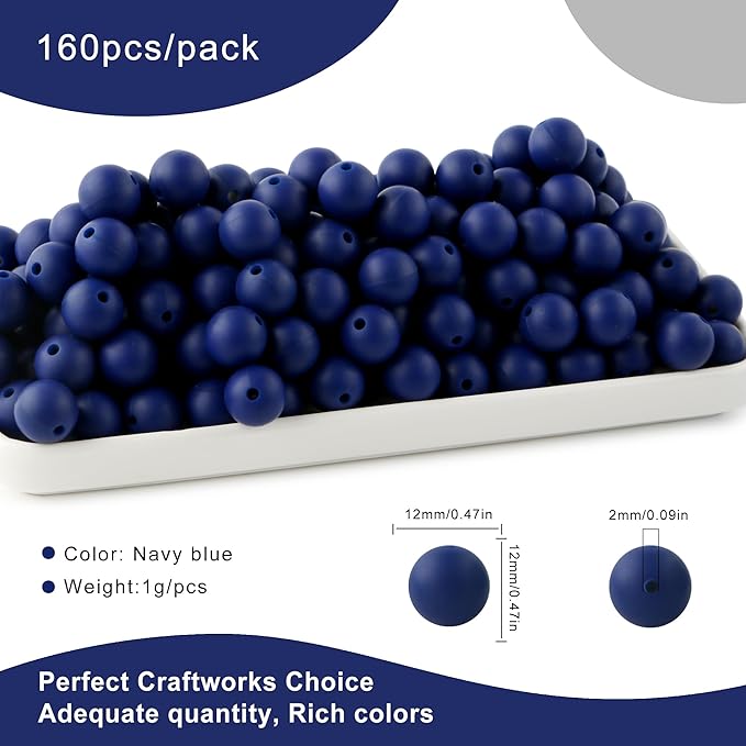 160Pcs 12mm Silicone Beads for Keychain Making Bracelet Necklace, Bulk Round Silicone Beads for Pens(Navy Blue)