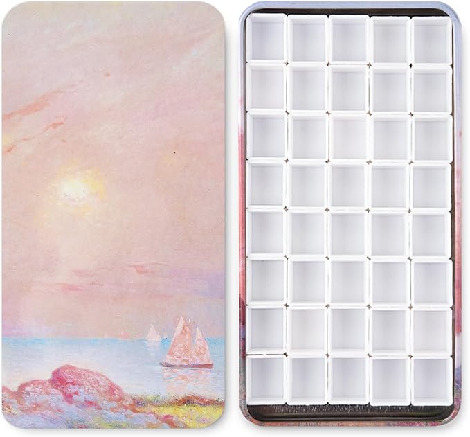 40Pcs Empty Half Pans with Magnetic Stripe Watercolor Paint Travel Tin Palette Case, Artist Paints Half Pan Kits for DIY Watercolor Oils or Acrylics Painting Art Drawing Pink Sunset
