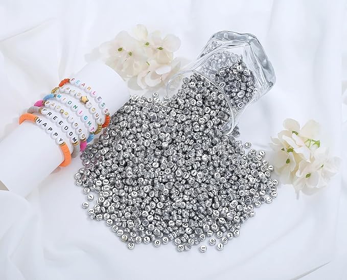 LAIDANLA 1000PCS Acrylic Number Beads Black Number Silver Round Bead 7×4mm for Jewelry Bracelets Necklaces Key Chains Making