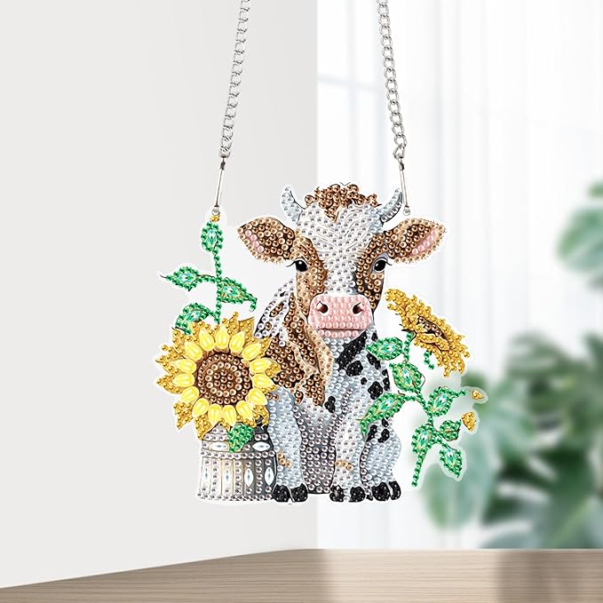 Sunflower and Cow Diamond Art Hanging, DIY 5D Diamond Painting Ornament with Rhinestones, Handmade Craft Gift for Wall, Door, Window, Home or Garden Decor