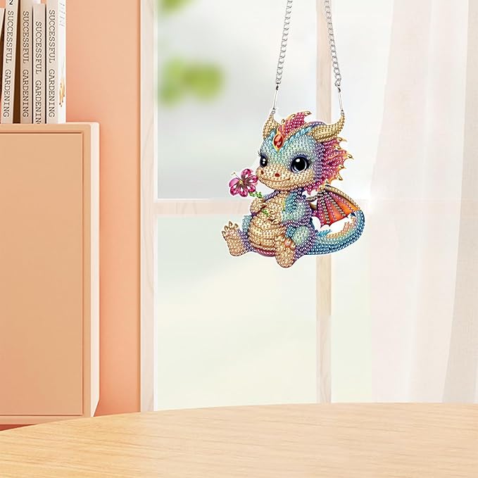 Cute Dragon Diamond Art Kits for Adults Hanging Sign, Special Shaped Diamond Painting Pendant Suncatcher, DIY 5D Crystal Rhinestone Dragon Diamond Art Ornament for Wall Door Window Home Decoration