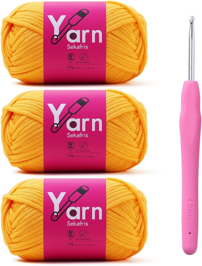 Crochet Yarn with Cotton Yarn for Crocheting - Beginner-Friendly with Easy-to-See Stitches - Chunky Cotton-Nylon Blend (Golden Yellow)