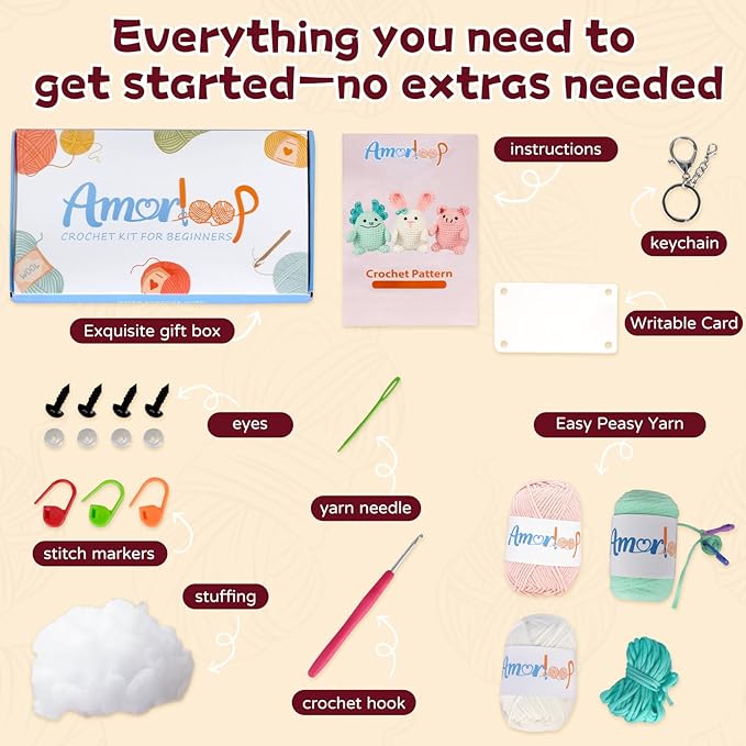 Beginner Crochet Kit for Adults Kids – 3 Packs Crochet Kit with Easy-to-See Stitches Yarn and Video Tutorials, Cute Animal Designs, DIY Crochet Set for First-Time Learners - Bunny, Piggy and Axolotl