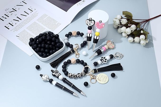 MAIBAOTA 120 Pcs Black Silicone Beads 15 mm Bulk for Keychain/Pens/Bracelet/Necklace Making Rubber Round Beads for Craft Making (with Boxed Kits)