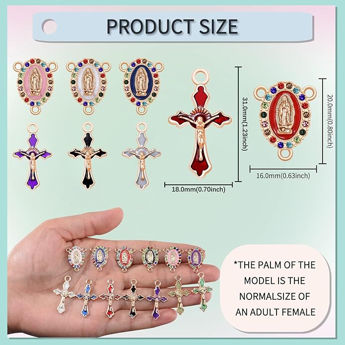 48Pcs/24Sets Rosary Making Kits Supplies Cross and Center Medal Charms Alloy Enamel Rhinestones Virgen de Guadalupe Charm Pendant for Diy Catholic Prayer Necklace