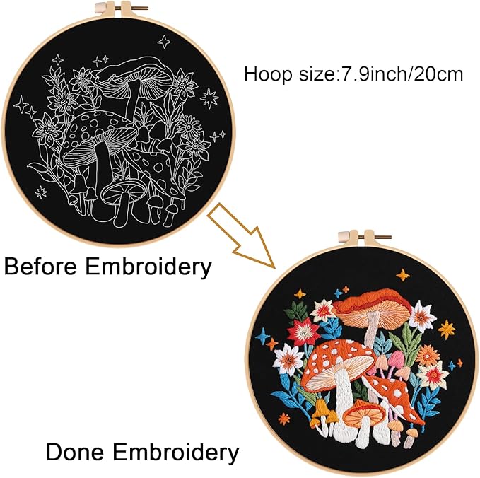 Louise Maelys Mushroom Embroidery Kits for Beginners with Art Night Pattern,Adults Starter Cross Stitch Kit DIY Needlepoint