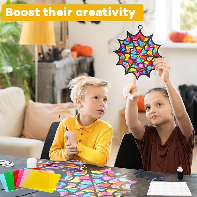 32Pcs Halloween Suncatcher Kit Halloween Window Art DIY Suncatcher Crafts for Kids Spider Web Sun Catcher Craft Stained Glass Effect Tissue Paper Halloween Party Favors Kids Classroom Decor