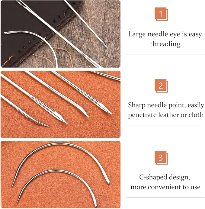 16 Pcs Heavy Duty Sewing Kit - Curved, Sack, Hand Needles, Finger Cots for Leather, Upholstery, Carpet & Canvas Repair