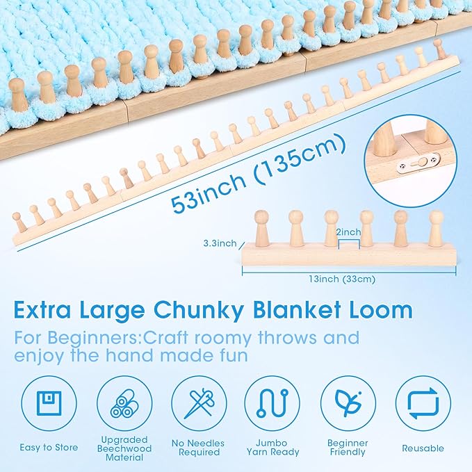 53" Chunky Knitting Blanket Loom, Adjustable Beechwood Hand Knitting Loom for Chunky Yarn Blankets Scarves Rugs, No Needles Required, Loom Knitting kit for DIY Craft Beginners and Gift for Adults