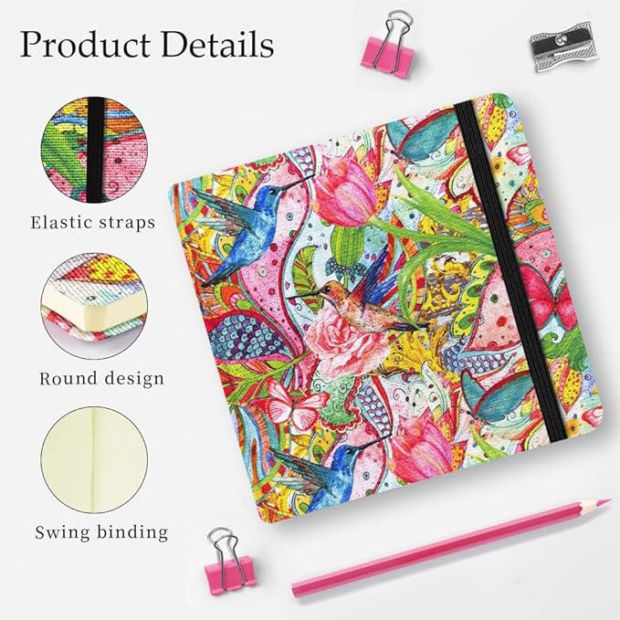 Mifuner 4.8x4.8in 80gsm Mini Notebooks Art Blank Pages Sketchbooks Travel Journal Pocket Hardcover Paint Writing Notebook Blank Diary Memo Planner Sketchbook Fabric Cover.Hummingbird