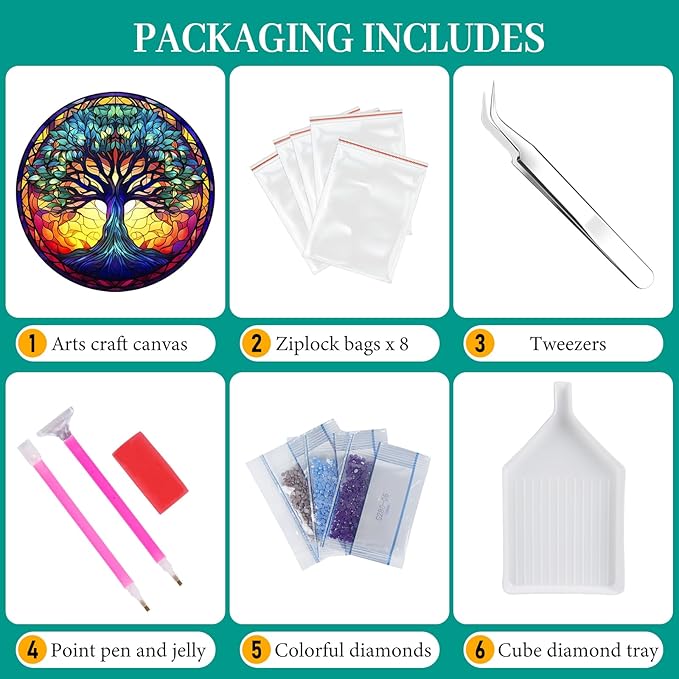 Fountor Tree of Life Diamond Art Kits for Adults - Stained Glass Diamond Painting Kits for Adults Beginners, DIY 5D Tree of Life Round Diamond Gem Art Kits for Gift Home Wall Decor 12x12inch