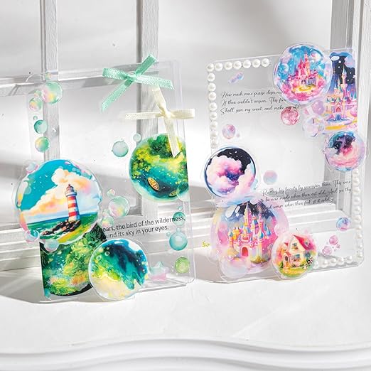 4 Rolls Bubble World PET Sticker Tape Set, Pre-Cut Bubble Scene Designs - Each Roll 1.97in x 78.74in for Scrapbook Journal Planner, DIY Crafts, Cards, Gift Wrap