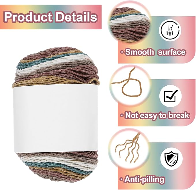 MECCANIXITY Cotton Acrylic Yarn for Crocheting, 422 Yard 5 Ply Soft Gradient Yarn Acrylic 45% Cotton 55% Used for DIY Knitting Blankets Scarves(2 Packx100g,Coffee,Yellow,Red,Green)