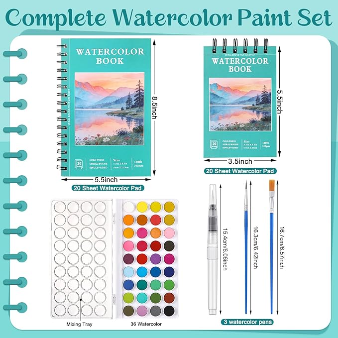 40 Sheets Watercolor Sketchbook with 36 Colors Watercolor Paint Set, 140lb/300g Watercolor Paper (5.5"x 8.5" & 3.5" x 5.5") Watercolor Painting Supplies for Artists Beginner