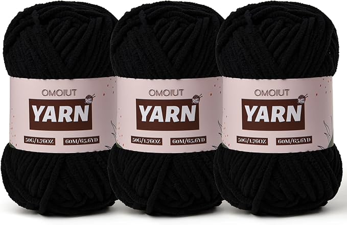 3 Packs Plush Chenille Chunky Crochet Yarn - Baby Yarn for Crocheting Soft - Velvet Yarns Knitting for Blankets Crafts - Fluffy Amigurumi Yarns 150g / 196.8yds (3 Black)
