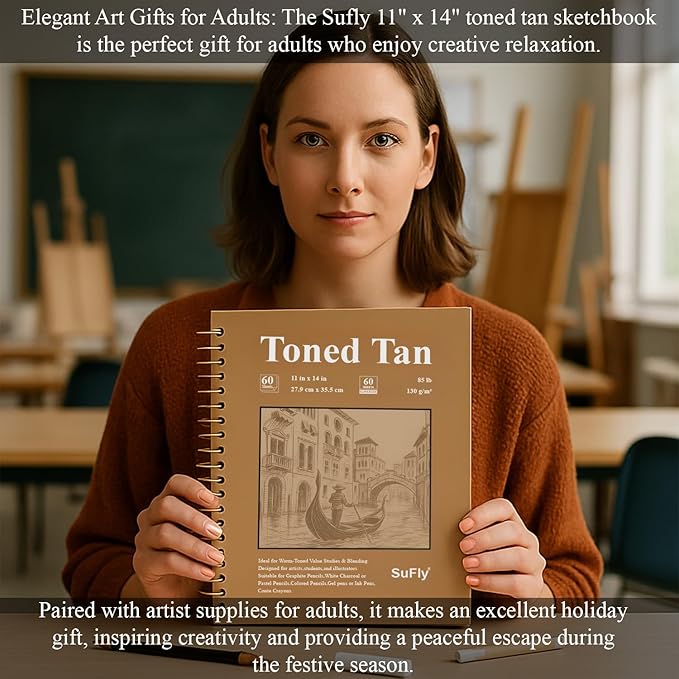 sufly toned paper sketch book, 11x14 inches, 60 sheets - 90lb/150gsm toned tan paper for mixed media, charcoal, graphite, colored pencils & white gel pens, 100% recycled, wire-o bound.