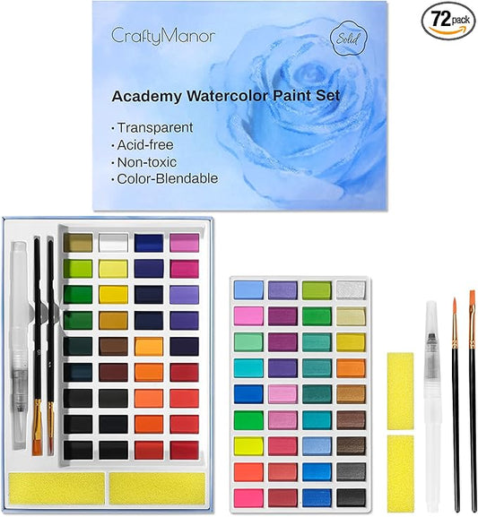72 Colors Large Block Watercolor Paint Set for Watercolors Workbook, Portable Water Colors Paint Kit with 2 Paintbrushes 1 Waterbrush for Painting Beginners & Professional Amateur (72 Colors)
