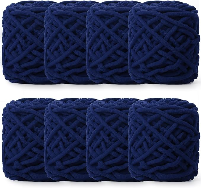 Buryeah Chunky Chenille Yarn for Crocheting Soft Thick Fluffy Yarn for Hand Knitting Bulky Velvet Blanket Plush for Weaving DIY Crafts Each 3.5 oz 55 Yards(Navy Blue,8 Pack)