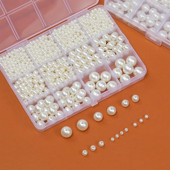 1200 Pcs Pearl Beads for Jewelry Making, 5 Size Round Pearls for Bracelets Making Kit Small Pearl Filler Beads with Hole for DIY Craft Necklace Earrings