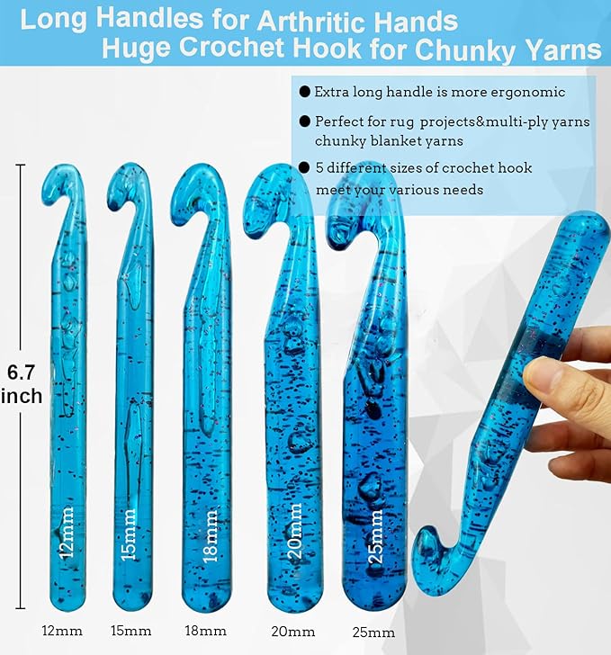 Weabetfu 12mm Large Crochet Hook,Huge Crochet Hooks for Chunky Yarn,Ergonomic Knitting Giant Crochet Hooks,Big Crochet Hooks for Knitting Yarn Carpet Scarf Wool Roving, Blue