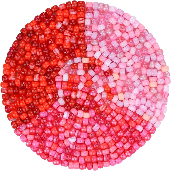 plastic pony beads for jewelry making, 1200 pieces, multi-color, 0.35 x 0.22 inch, diy craft beads for bracelets and hair braids (rose+red+pink)