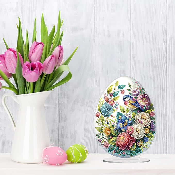 DIY Dot Diamond Desktop Easter Creative Ornaments Diamond Art Painting by Number Embroidery Arts and Crafts Easter for Home Office Garden Decoration (Single Side Dot Diamond)-#02-Easter Egg