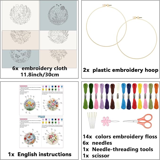 ORIGACH 6 Pack Flowers Embroidery Kits for Beginners, DIY Starter Hand Embroidery Kit with Floral Wreath Wildflower & Butterfly Patterns and Instructions for Adults Women Crafting
