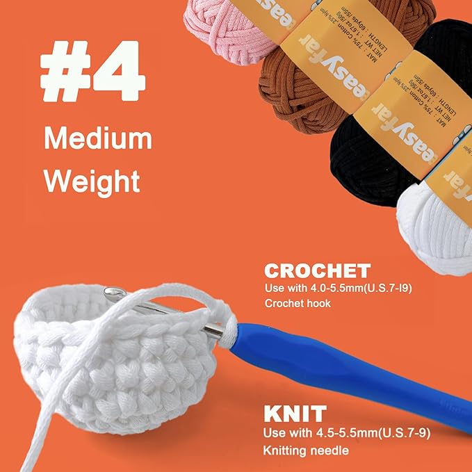 4x50g Beginner Easy Yarn Kit for Crocheting and Knitting; Worsted-Weight Medium #4;Crocheting and Knitting kit with Tool Set (Pink+Latte+White+Black, 4 Skein)
