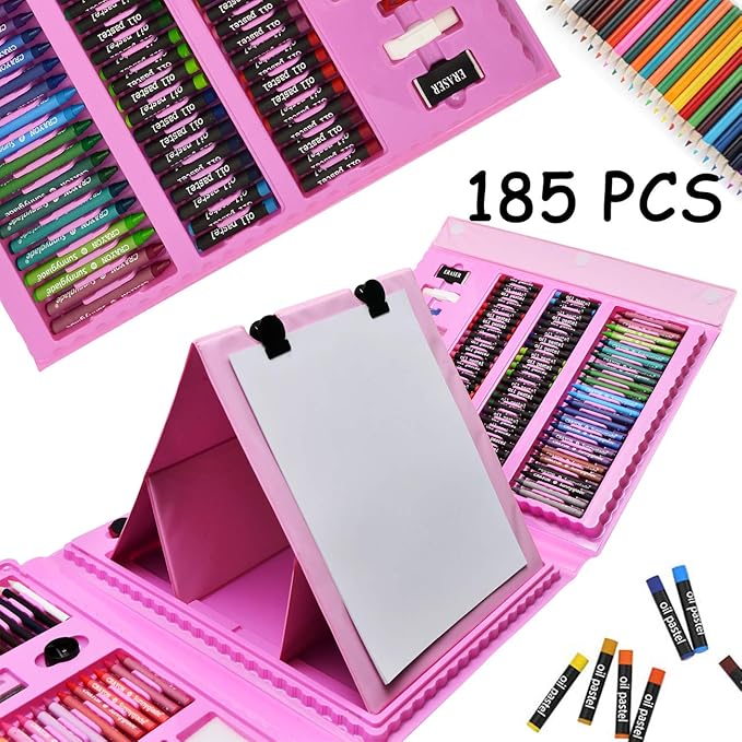 Sunnyglade 185 Pieces Double Sided Trifold Easel Art Set, Drawing Art Box with Oil Pastels, Crayons, Colored Pencils, Markers, Paint Brush, Watercolor Cakes, Sketch Pad (Pink)