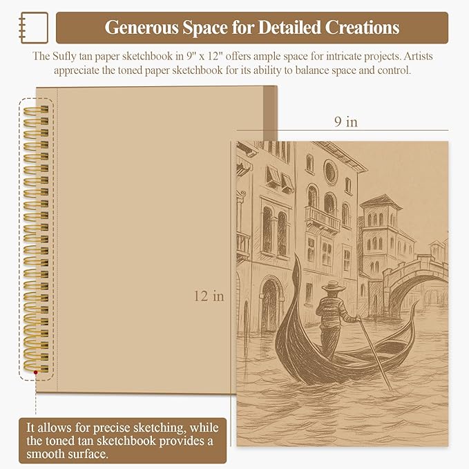 sufly toned tan sketchbook 9x12 inches, 60 sheets - 90lb/150gsm toned tan sketch paper for mixed media, charcoal, graphite, colored pencils & white gel pens, 100% recycled, wire-o bound.