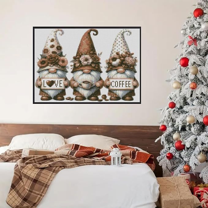 stamping cross stitch kit gnome and flowers, counting cross stitch kit for adult beginners coffee, full line diy cross stitch stitching kit for home decor cross stitch patterns 15.7x11.8inches