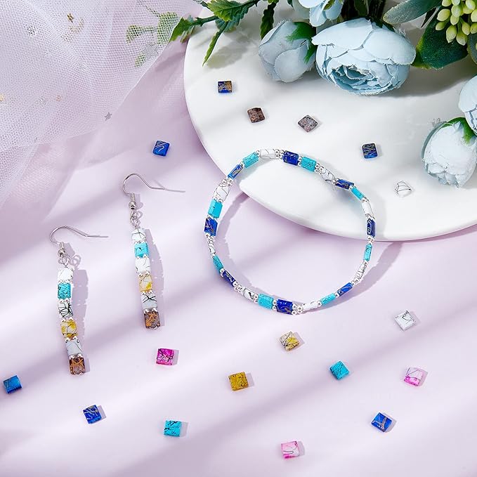 NBEADS 240 Pcs 6 Color 5mm Square 2-Hole Glass Beads for Jewelry Making