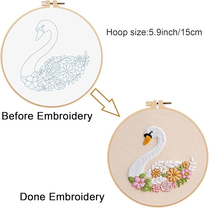 louise maelys cute animal embroidery kits for beginners,cross stitch kit for adults starters,diy needlepoint tool including swan and flower pattern,hoop,instruction and threads