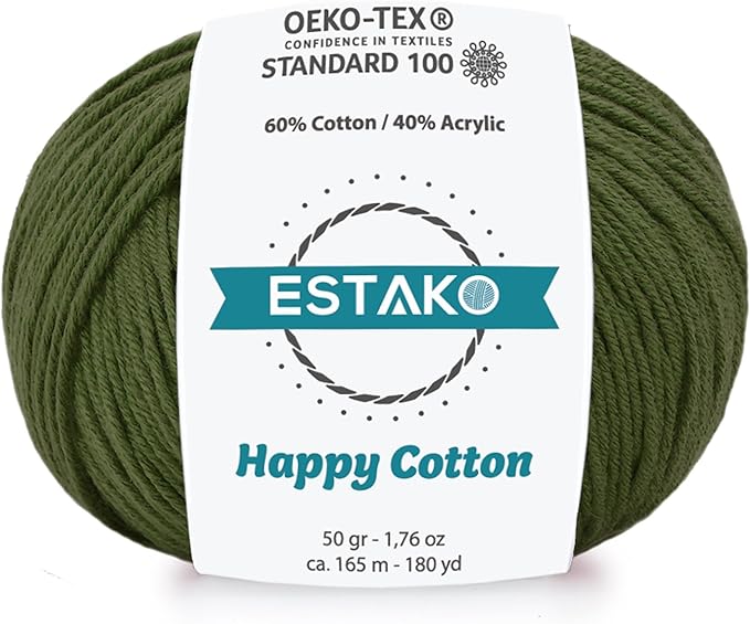 Estako Happy Cotton, 60% Cotton 40% Acrylic Yarn, Soft, Fine/Sport (2) for Crochet and Knitting 1.76 Oz (50g) / 180 Yrds (165m) (4940 - Olive Green)