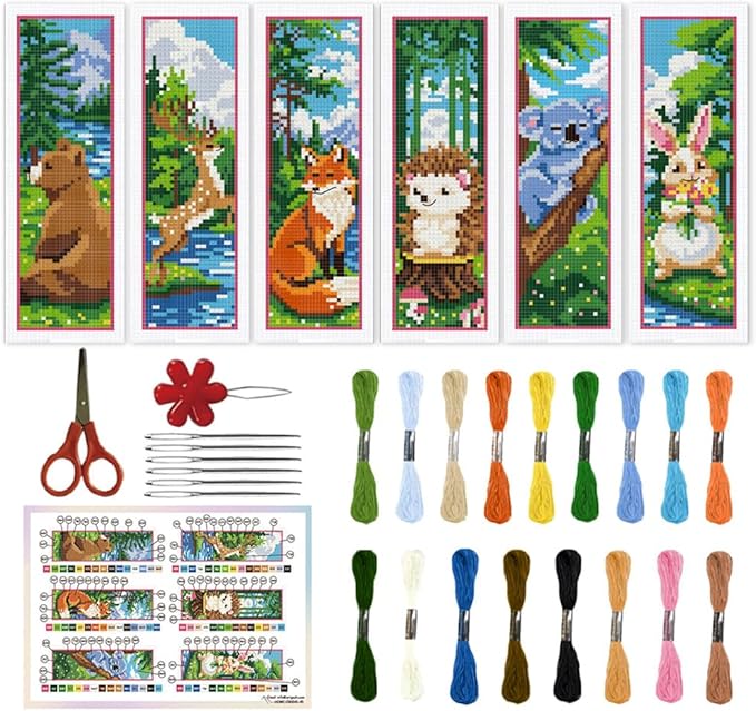 ORIGACH 6 Set Forest Animals Cross Stitch Bookmark Kits for Beginner, Animals Modern Stamped Cross Stitch Kits with Instructions for Adults Bookmarks Lovers