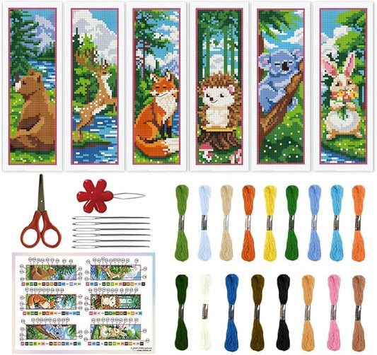 ORIGACH 6 Set Forest Animals Cross Stitch Bookmark Kits for Beginner, Animals Modern Stamped Cross Stitch Kits with Instructions for Adults Bookmarks Lovers