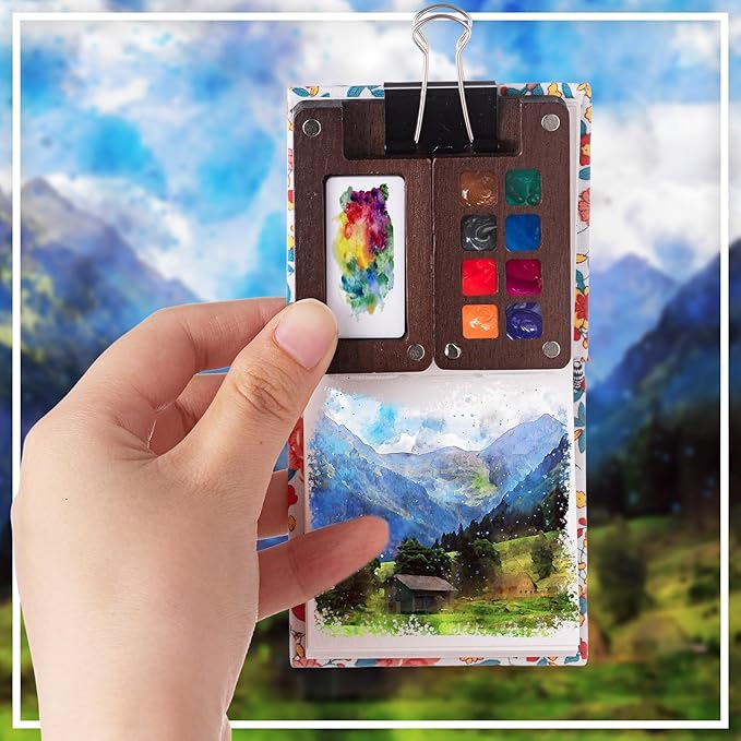 Qilery Mini Portable Watercolor Palette Set Wooden Grid Paint Box Watercolor Paper Sketch Book Brush Pens with Binder Clip for Painters Artist Not Include Paint(Red Flowers)