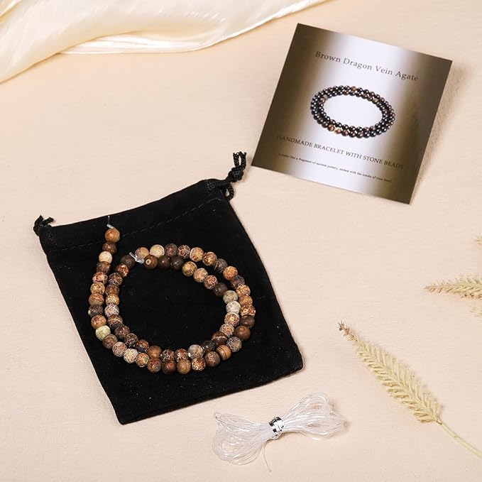 Stone Beads, 60pcs Brown Dragon Vein Agate, 6mm Round Loose Beads for Jewelry Making, Bracelets, with Bag, String & Card