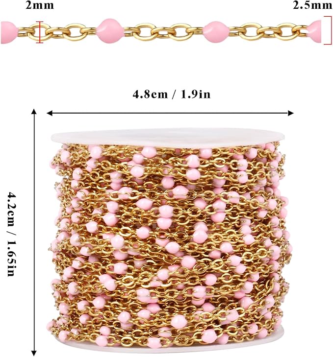 33 Feet Gold Enamel Chains Bulk, 2mm 18K Gold PVD Plated 304 Stainless Steel Pink Enamel Beaded Cable Link Chain Roll Spool for Jewelry Making