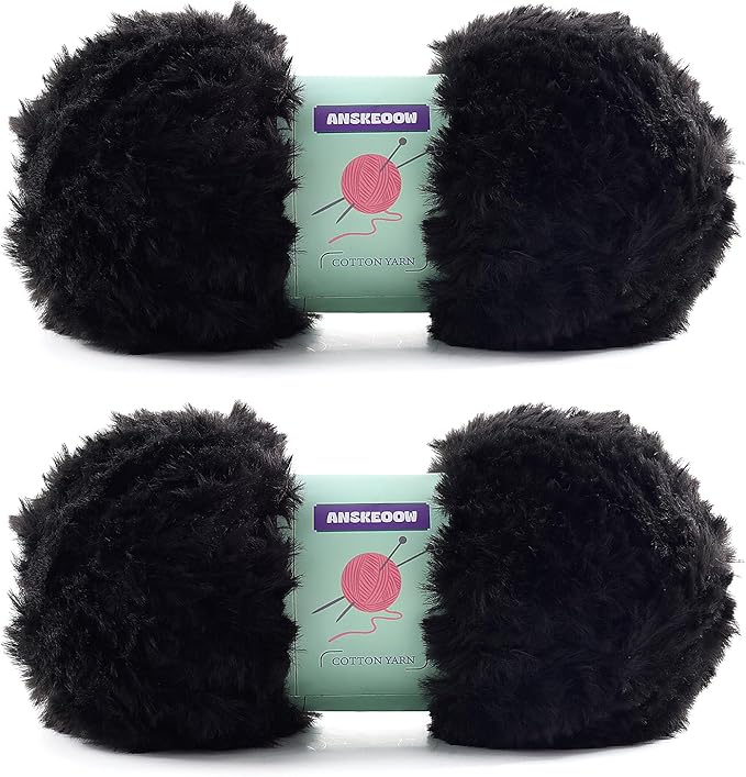 2 Skeins Faux Fur Yarn Soft Fluffy for Crocheting - Chunky Fuzzy Yarn for Crochet Amigurumi, Hat, Shawls, Total Length (71x2) Yards (Black)