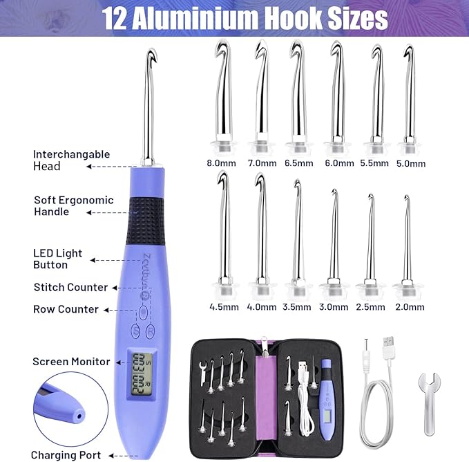 Light up Crochet Hook Set with Stitch Counter Crochet Kit with 12 Different Size Interchangeable Crochet Needle,Ergonomic with 2 Levels Led and Digital Stitch Counter for Crocheting and Knitting