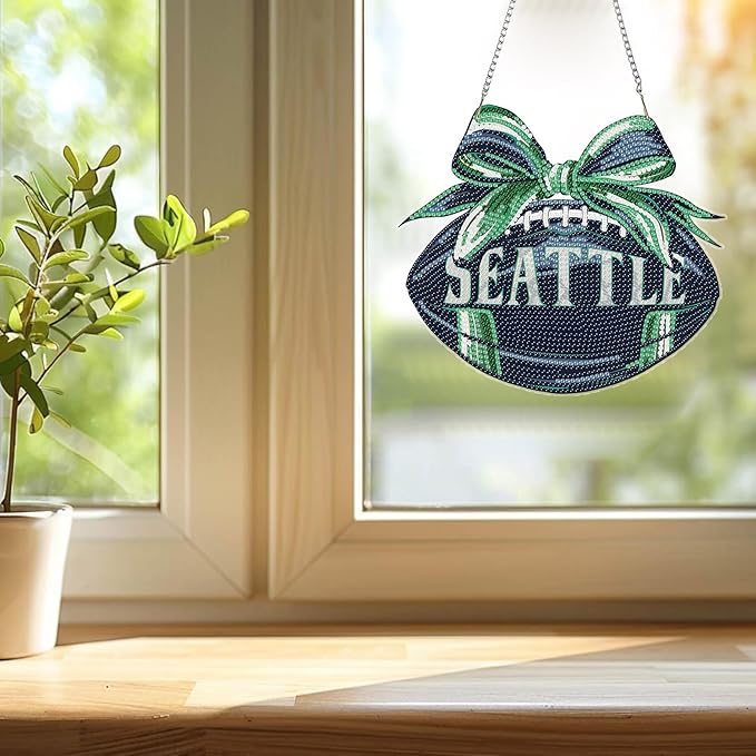 Rertcioph Football Diamond Art Hanging Kit for Adults, DIY Acrylic 5D Diamond Painting Hanging Ornament for Seattle Home Wall Decor and Gift