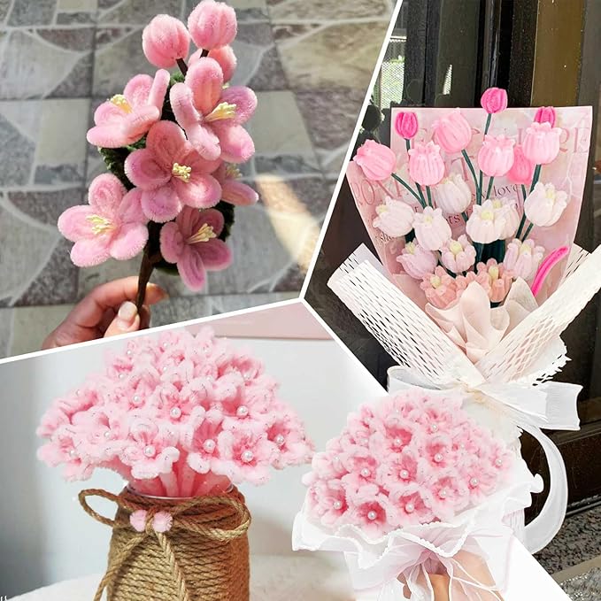 Peryiter 371 Pipe Cleaners Flowers Set, Mixed Colors Chenille Stems Bulk with Floral Wires, Gardening Tape, Stamen for DIY Flower Making Kit, Gift Idea for Mother's Day(Pink, Green, Yellow)
