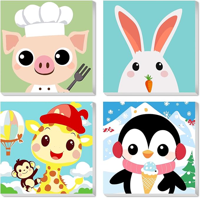KEYIFA 4 Pack Framed Paint by Numbers Kit for Kids Age 6-12, Easy Animal Paintings for Adult Beginner, Framed Acrylic Canvas Painting for Home Decor Children Gift, 8x8 in (Giraffe+Rabbit+Pig+Penguin)
